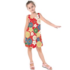 Season Flower Rose Sunflower Red Green Blue Kids  Sleeveless Dress by Alisyart