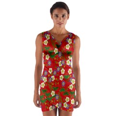 Red Flower Floral Tree Leaf Red Purple Green Gold Wrap Front Bodycon Dress