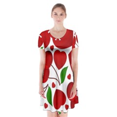 Cherry Fruit Red Love Heart Valentine Green Short Sleeve V-neck Flare Dress