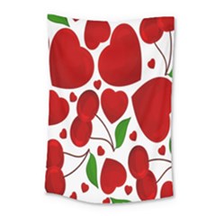 Cherry Fruit Red Love Heart Valentine Green Small Tapestry