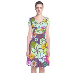 Floral Seamless Rose Sunflower Circle Red Pink Purple Yellow Short Sleeve Front Wrap Dress