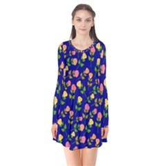 Flowers Roses Floral Flowery Blue Background Flare Dress by Simbadda