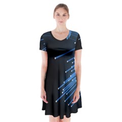 Abstract Light Rays Stripes Lines Black Blue Short Sleeve V-neck Flare Dress by Alisyart
