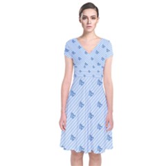 Blue Butterfly Line Animals Fly Short Sleeve Front Wrap Dress
