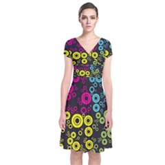 Circle Ring Color Purple Pink Yellow Blue Short Sleeve Front Wrap Dress