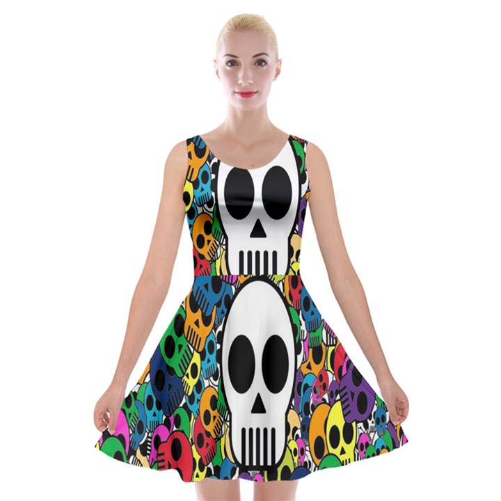 Skull Background Bright Multi Colored Velvet Skater Dress