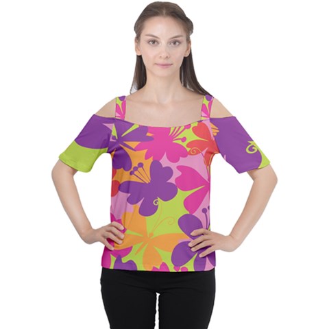Butterfly Animals Rainbow Color Purple Pink Green Yellow Women s Cutout Shoulder Tee by Alisyart