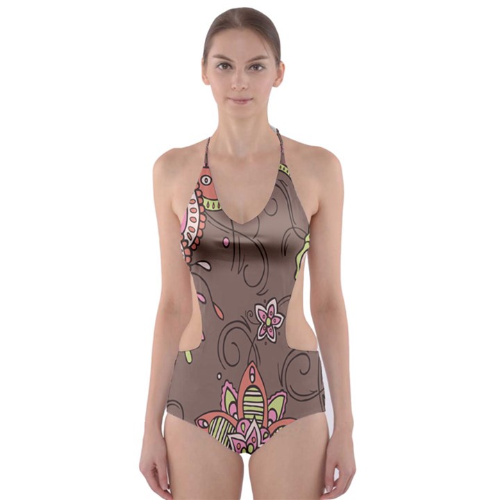Ice Cream Flower Floral Rose Sunflower Leaf Star Brown Cut-Out One Piece Swimsuit