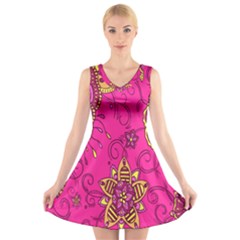 Pink Lemonade Flower Floral Rose Sunflower Leaf Star Pink V-neck Sleeveless Skater Dress by Alisyart