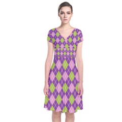 Plaid Triangle Line Wave Chevron Green Purple Grey Beauty Argyle Short Sleeve Front Wrap Dress by Alisyart