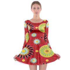 Sunflower Floral Red Yellow Black Circle Long Sleeve Skater Dress