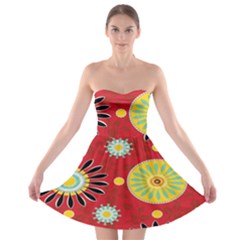 Sunflower Floral Red Yellow Black Circle Strapless Bra Top Dress