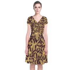 Seamless Animal Fur Pattern Short Sleeve Front Wrap Dress by Simbadda