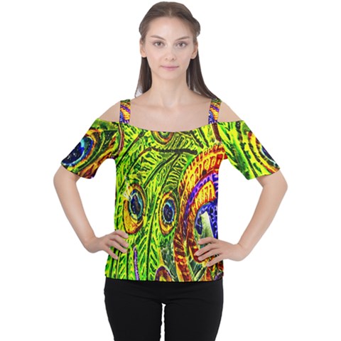 Glass Tile Peacock Feathers Women s Cutout Shoulder Tee by Simbadda