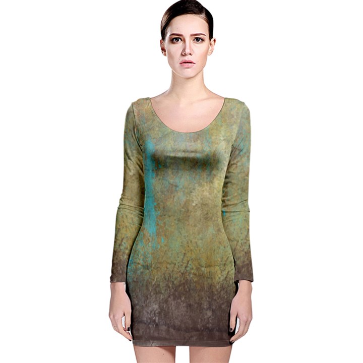 Aqua Textured Abstract Long Sleeve Velvet Bodycon Dress