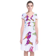 Birds Colorful Floral Funky Short Sleeve Front Wrap Dress by Amaryn4rt