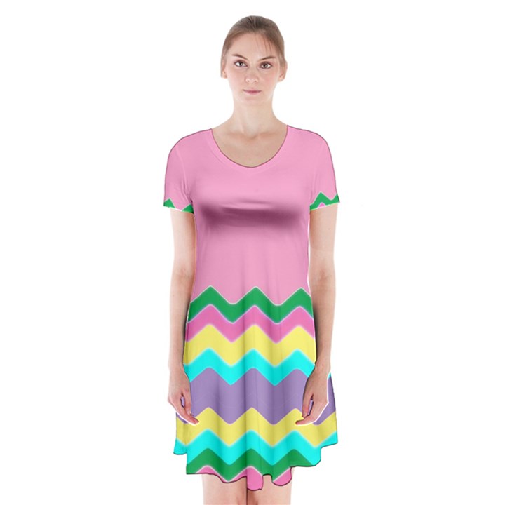 Easter Chevron Pattern Stripes Short Sleeve V-neck Flare Dress
