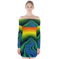 Fractal Wallpaper Water And Fire Long Sleeve Off Shoulder Dress by Amaryn4rt