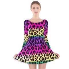 Cheetah Neon Rainbow Animal Long Sleeve Velvet Skater Dress