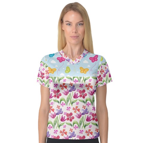 Watercolor Flowers And Butterflies Pattern Women s V-neck Sport Mesh Tee by TastefulDesigns