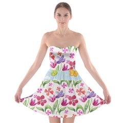 Watercolor Flowers And Butterflies Pattern Strapless Bra Top Dress by TastefulDesigns