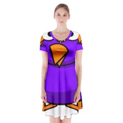 Cartoon Bird Purple Short Sleeve V-neck Flare Dress