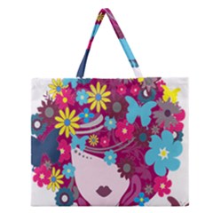 Floral Butterfly Hair Woman Zipper Large Tote Bag