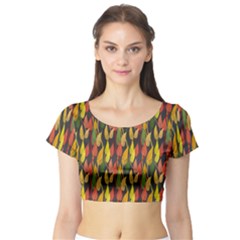 Colorful Leaves Yellow Red Green Grey Rainbow Leaf Short Sleeve Crop Top (tight Fit) by Alisyart