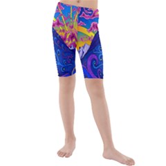 Psychedelic Colorful Lines Nature Mountain Trees Snowy Peak Moon Sun Rays Hill Road Artwork Stars Kids  Mid Length Swim Shorts by Simbadda