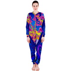 Psychedelic Colorful Lines Nature Mountain Trees Snowy Peak Moon Sun Rays Hill Road Artwork Stars Onepiece Jumpsuit (ladies)  by Simbadda