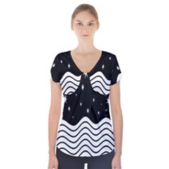 Black And White Waves And Stars Abstract Backdrop Clipart Short Sleeve Front Detail Top by Simbadda