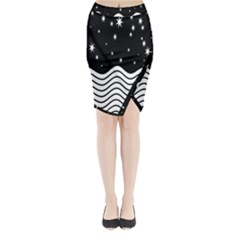 Black And White Waves And Stars Abstract Backdrop Clipart Midi Wrap Pencil Skirt