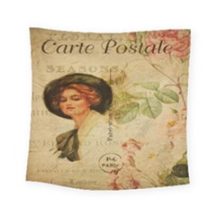 Lady On Vintage Postcard Vintage Floral French Postcard With Face Of Glamorous Woman Illustration Square Tapestry (small) by Simbadda