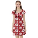 Red Pattern with Hibiscus Flowers on Red  Short Sleeve Skater Dress View1