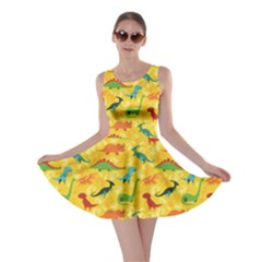 Yellow Cartoon Dinosaur Pattern Skater Dress