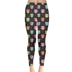 Black Pattern With Colorful Owls On Dark Leggings