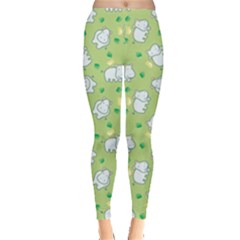 Green Happy Hippo With Friendly Bird Pattern Women s Leggings by CoolDesigns