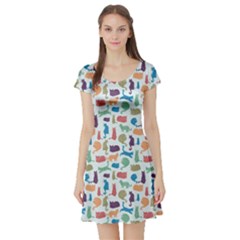 Blue Colorful Cats Silhouettes Pattern Short Sleeve Skater Dress