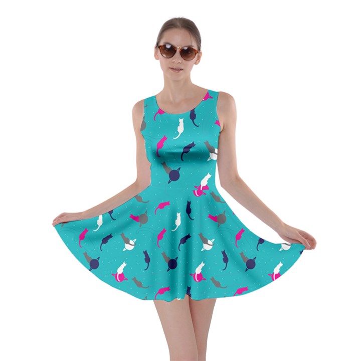 Aqua Space with Cats Saturn and Stars Skater Dress 