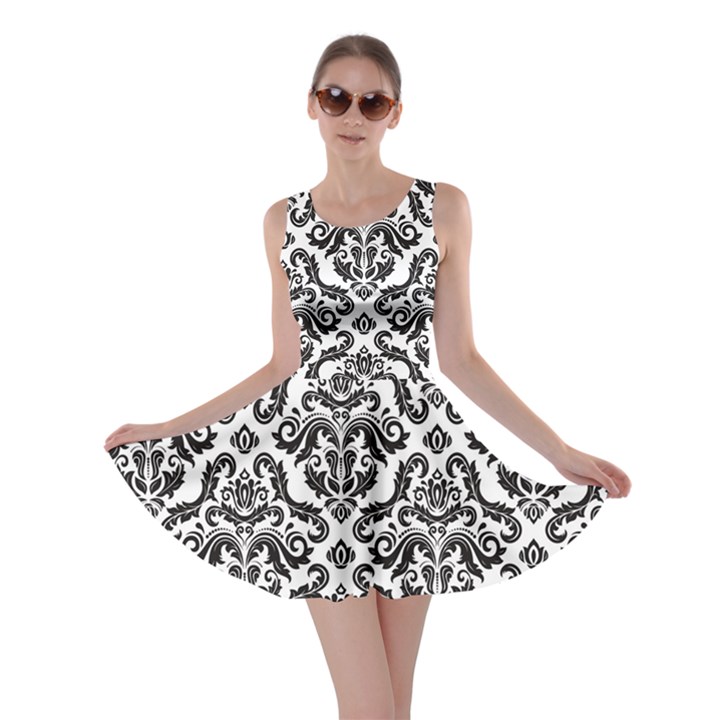 Black Oriental Fine Pattern with Damask Arabesque and Floral Skater Dress