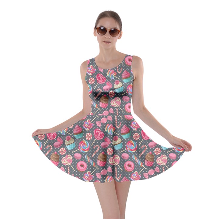 Dark Gray Lollipop Candy Macaroon Cupcake Donut Skater Dress