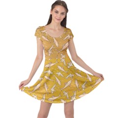 Yellow With Stylized Sharks Stylish Design Cap Sleeve Dress