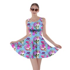 Sky Blue Skull And Flowers Pattern Skater Dress by CoolDesigns