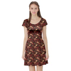 Red Pattern In The Russian Traditional Style Short Sleeve Skater Dress
