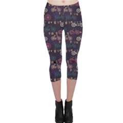 Blue Pattern With Retro Bicycle Trees And Flags Evening Capri Leggings