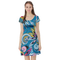 Blue Floral Pattern In Vintage Style Short Sleeve Skater Dress by CoolDesigns