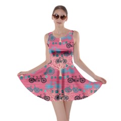 Pink Retro Bicycle Pattern Skater Dress 