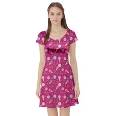 Red Pattern Of Sweets Ice Cream Candy Short Sleeve Skater Dress