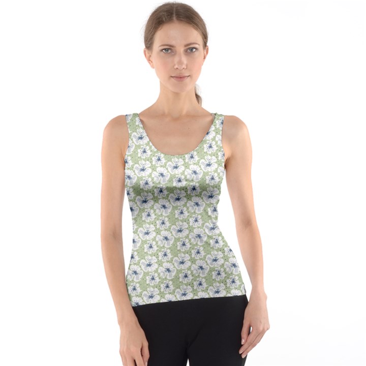 Green Decorative Pattern With White Poppies Tank Top