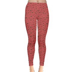 Red Floral Pattern Doodle Poppies Old Style Crown Leggings